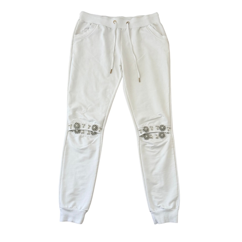Philipp Plein Homme White Cotton Studded Pearl Cutout Knee Joggers XL Luxury